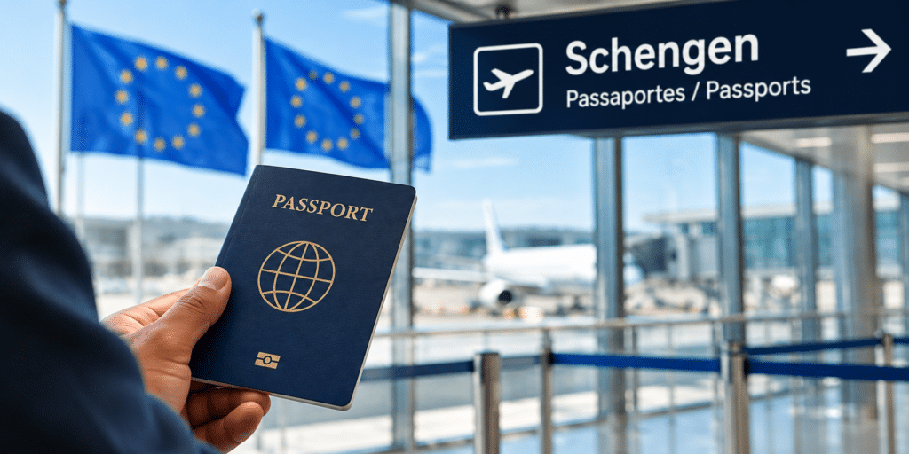 Quem precisa de visto Schengen – Passaporte e bandeiras da União Europeia